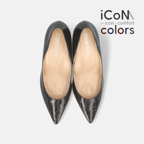 Basic Item SALE10%OFF：2024AW：iCoN COLORS：ポインテッドトゥ クロコ型押し パンプス（C76534）チャコールCR/mamian（マミアン）