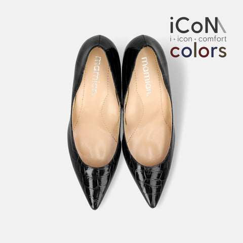 Basic Item SALE10%OFF：2024AW：iCoN COLORS：ポインテッドトゥ クロコ型押し パンプス（C76534）ブラックCR/mamian（マミアン）