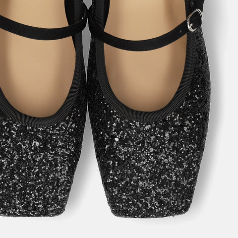 予約：2025AW：スクエアトゥ メリージェーン フラット（m10310）ブラックグリッター/mamian（マミアン）