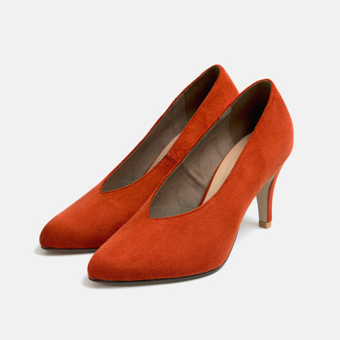 ラストワン50%OFF：Vカットポインテッドトゥミドルヒールブーティ（763aw1-ag）テラコッタスエード/mamian（マミアン）