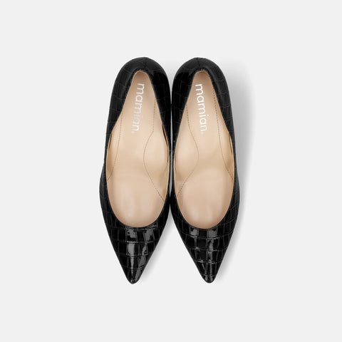 15% OFF: iCoN COLORS: Pointed toe croc embossed pumps (C76534) Black CR