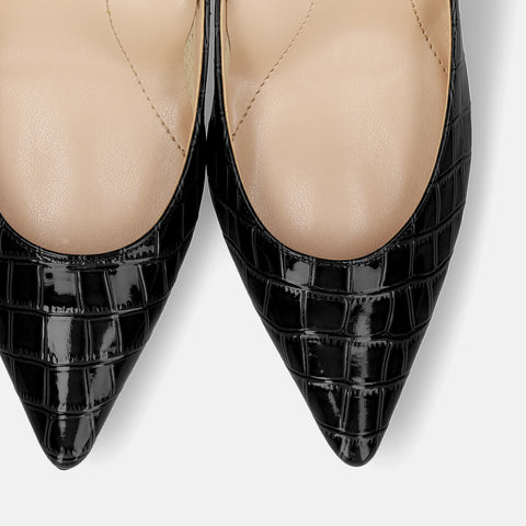 15% OFF: iCoN COLORS: Pointed toe croc embossed pumps (C76534) Black CR